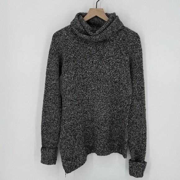 Athleta Brindle Black/White Asym Side Zip Sweater Cowl Neck Wool Blend Size M - Picture 1 of 5